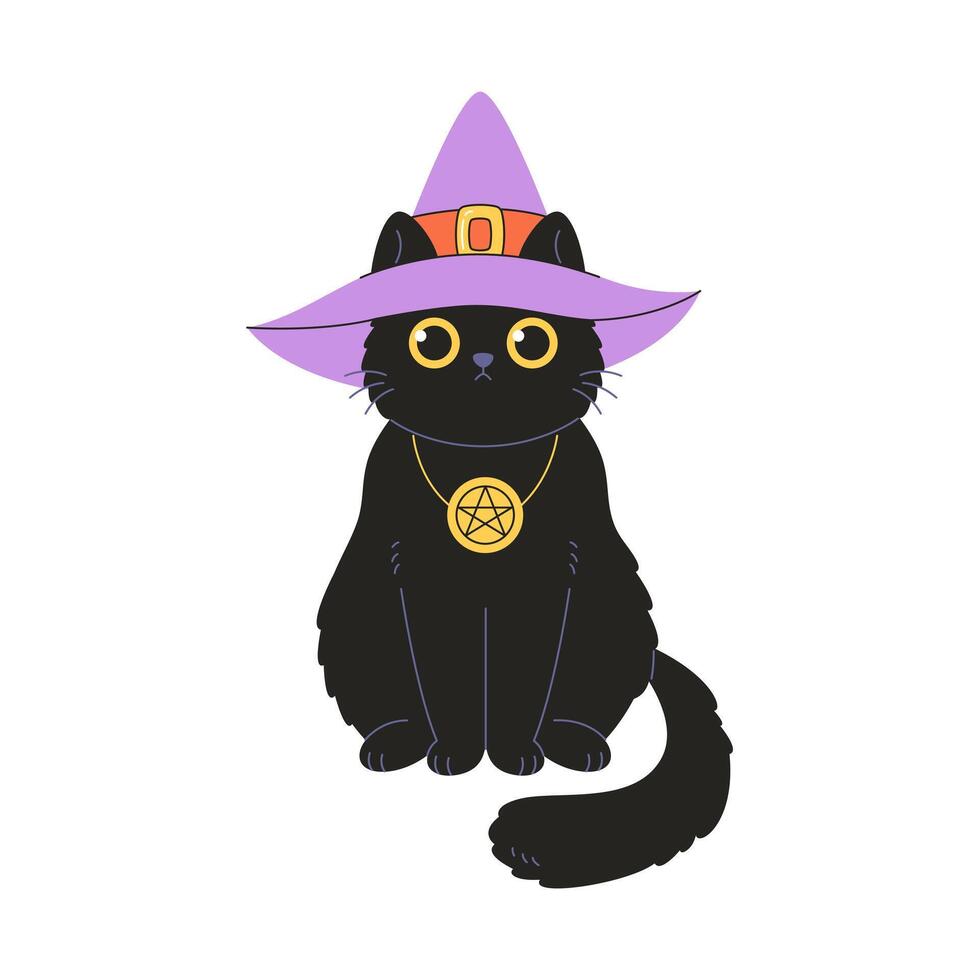 Cute black cat in witch hat with amulet. Magic, witchcraft. Happy Halloween. vector