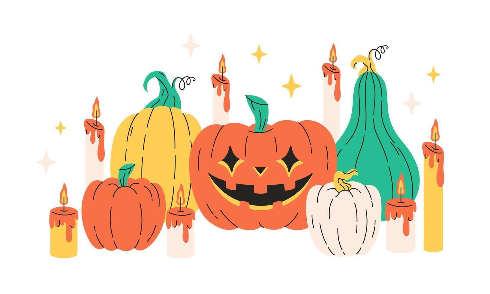 Halloween greeting card with pumpkins, stars and candles. Happy Halloween. vector