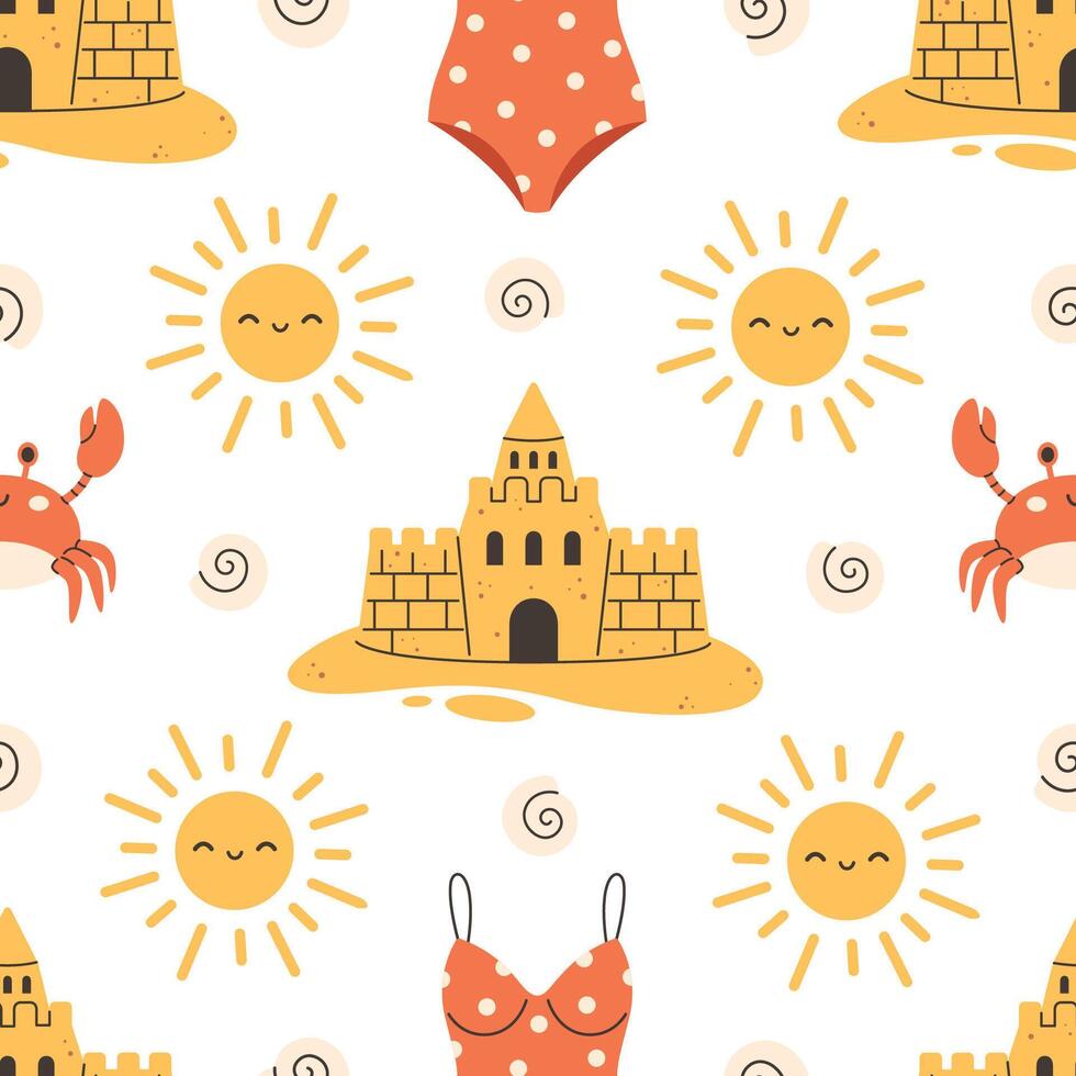 Seamless pattern with sand castle, sun, sea shell and swimsuit. Summer vacation seamless pattern. vector