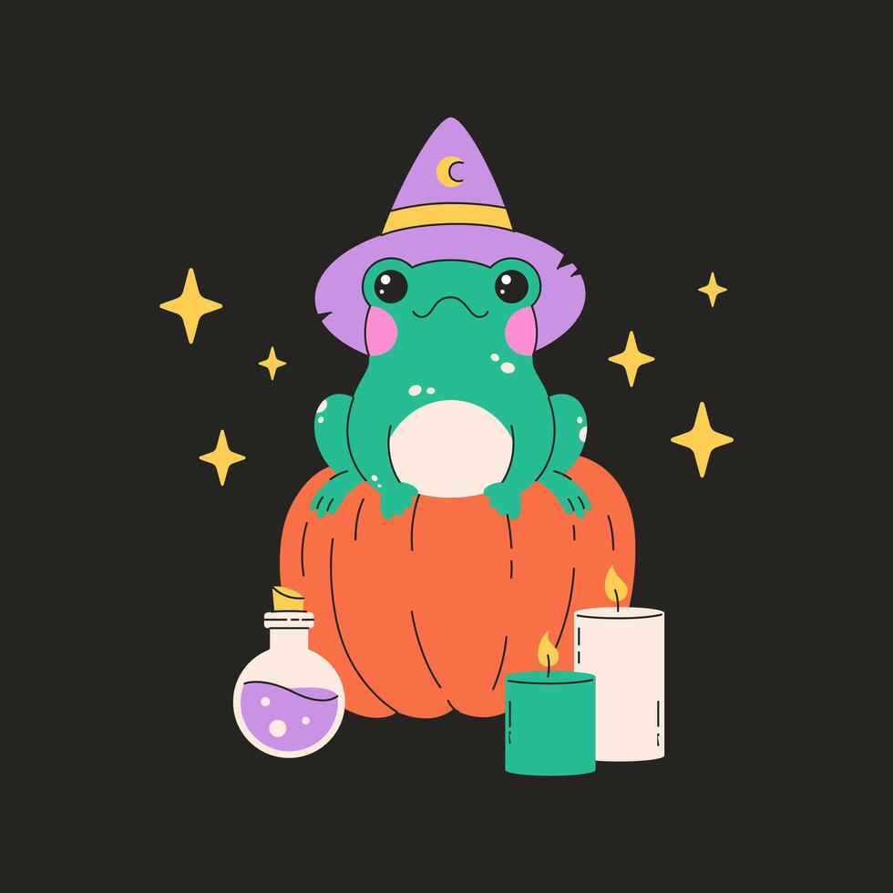 Toad in witch hat with pumpkin, potion, candles. Magic, witchcraft. Happy Halloween. vector