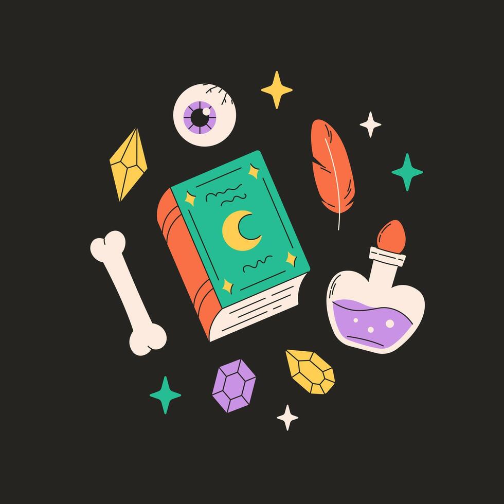 Witchcraft collection with spell book, potion, eye, crystals, bone vector