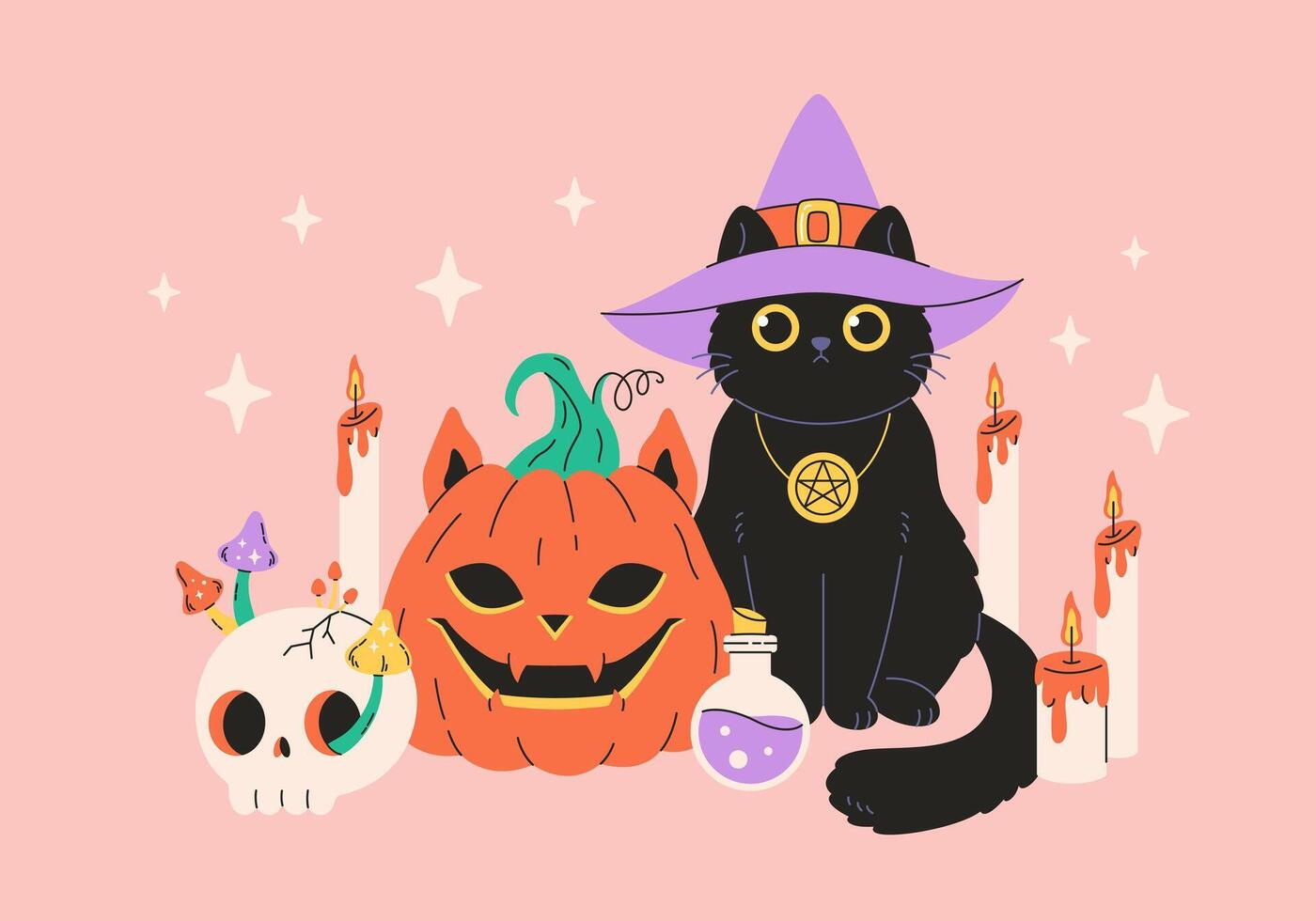 Happy Halloween greeting card with black cat, pumpkin, skull, candles, potion vector