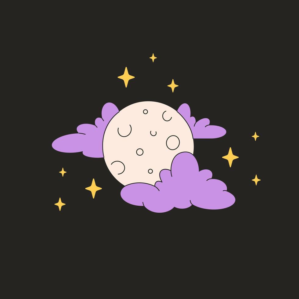 Full moon with clouds and stars. Magic and spooky night vector
