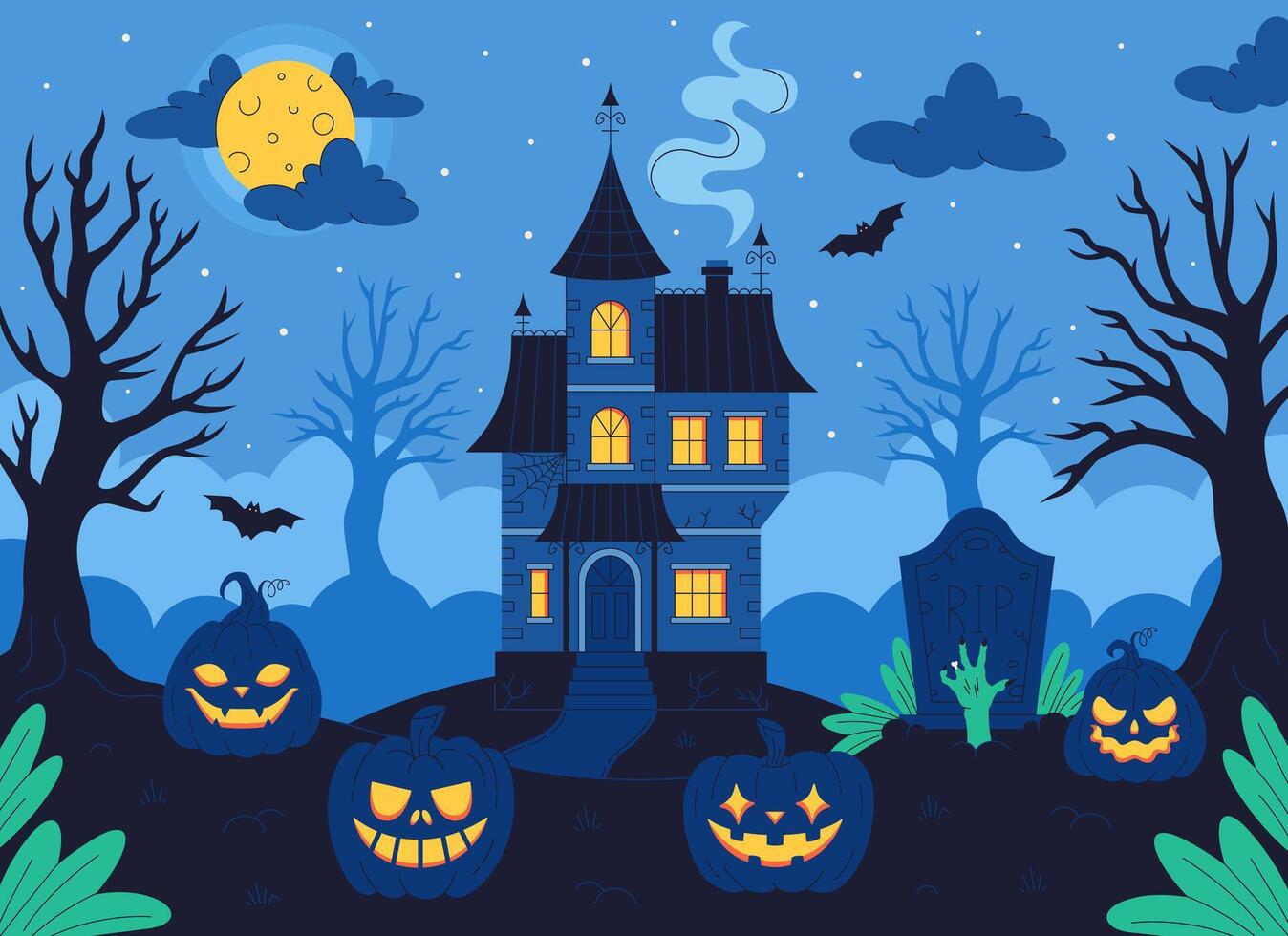 Haunted house with graveyard, pumpkin, bats, trees, full moon. Happy Halloween vector