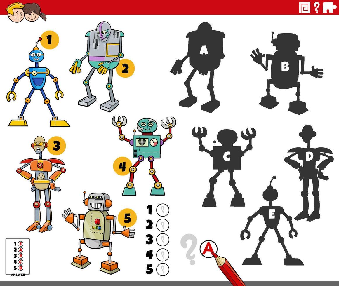 finding shadows game with cartoon robots characters vector