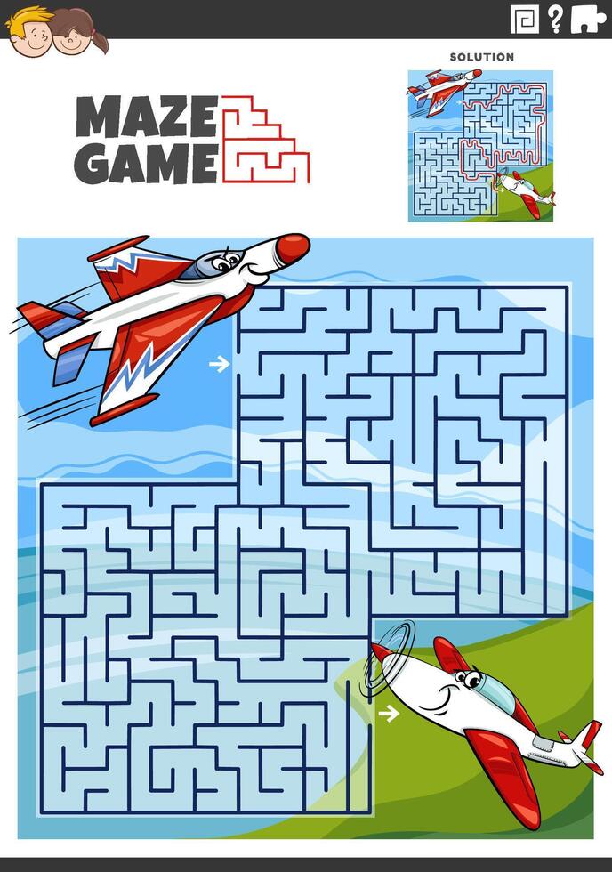 maze game with cartoon airplanes characters vector