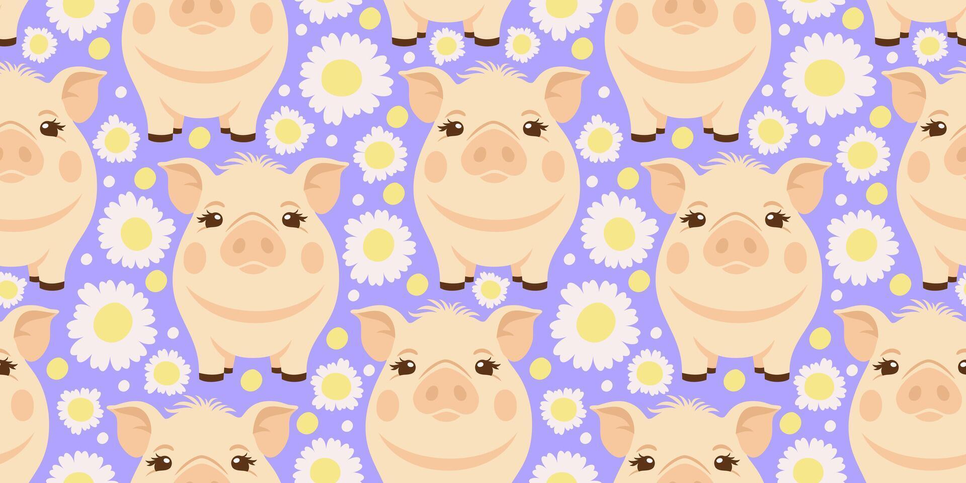 seamless pattern with piglets and camomiles on lilac background vector