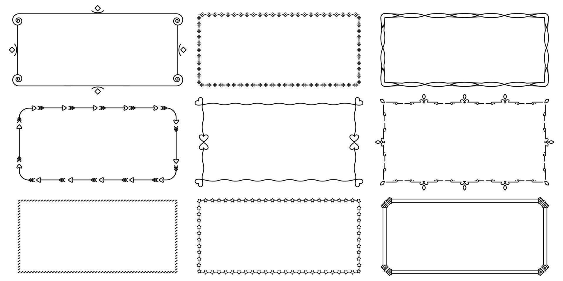 Decorative simple line frames. Simple line borders with geometric shapes and curls. Frame blank templates to decorate text set. Greeting for wedding frames vector