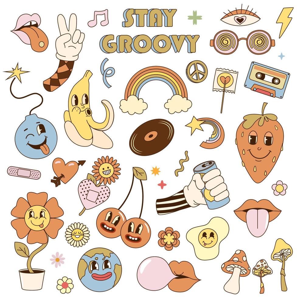 Groovy elements. Vintage 60s groovy stickers, funky 70s hippie icons. Psychedelic mushroom, daisy and rainbow, bomb and soda, retro vinyl record, audio cassette tape set vector