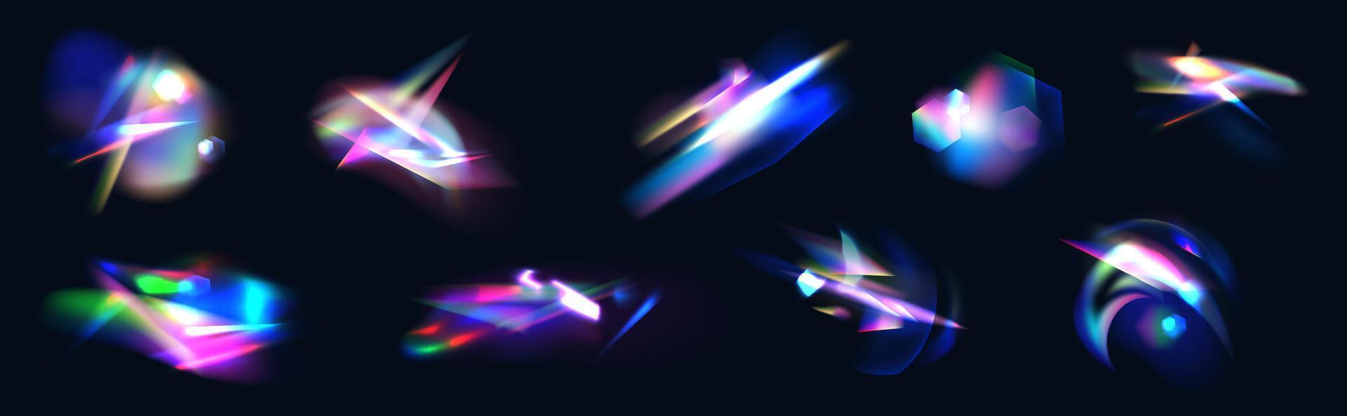 Rainbow crystal light leak flare reflection effect. Optical lens reflections overlay. Colorful glass prism Iridescent lights beam diamond holographic overlay streaks on dark. realistic set vector