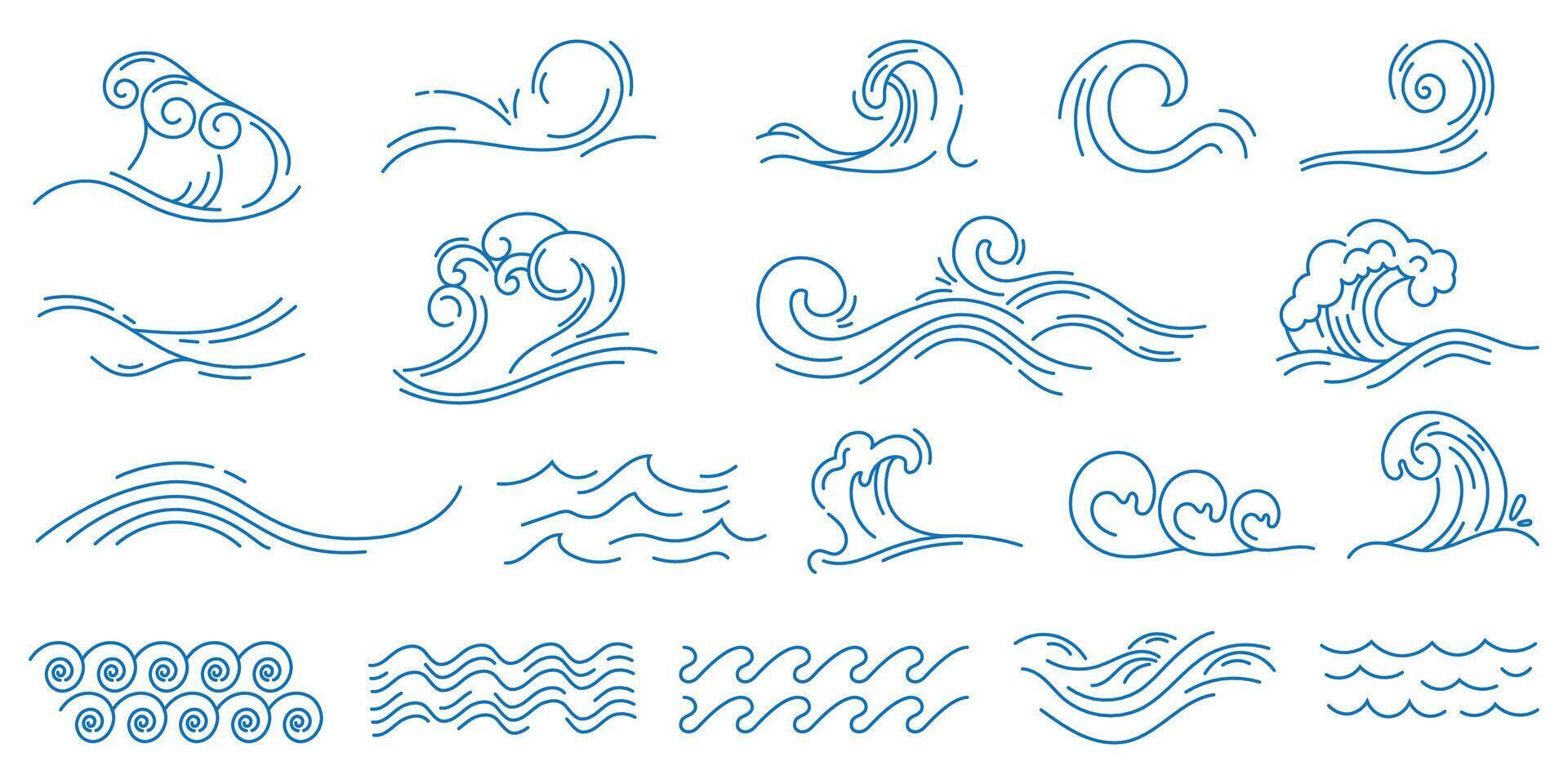 Water line waves. Sea wave with splashes, blue ocean wavy decorative shapes. Water linear marine decoration. Abstract aqua, liquid flow simple graphics, nautical oceanic surf symbols set vector