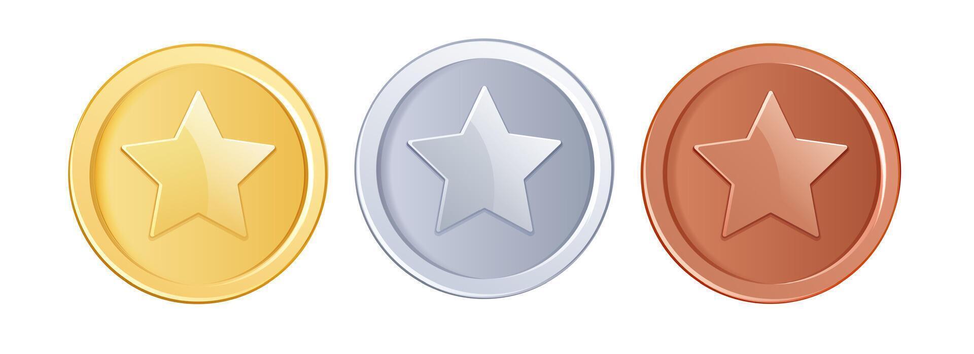 Game coins. Golden, silver and bronze metal coin or game chip with star, front view avers. 3d realistic isolated elements for online games, casino gambling prize. vector