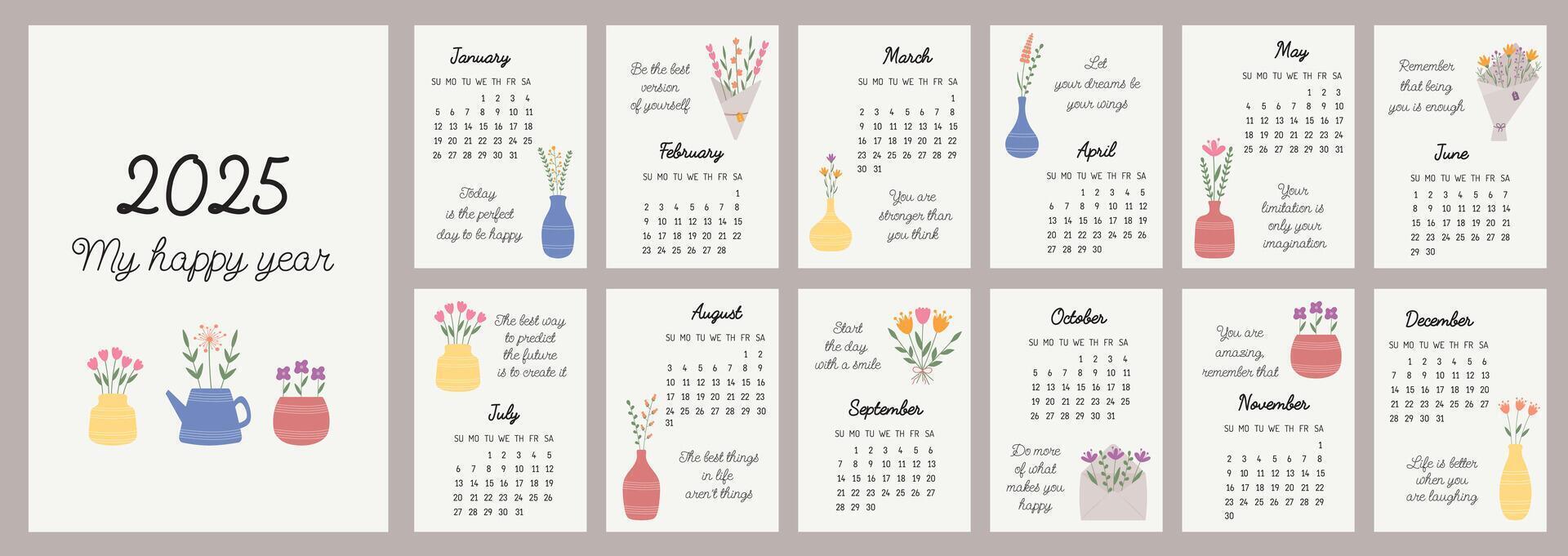 Calendar 2025 template. Monthly calendar 2025 with hand drawn flowers and motivation quotes for every day. Sunday standard. Modern calendar for the office, organizer or for a gift. Design Template. vector