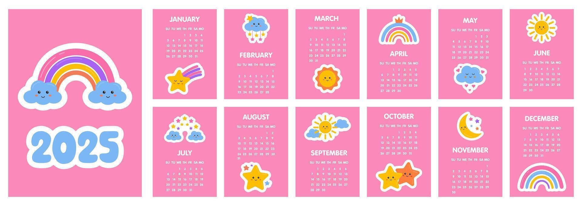 Calendar 2025 template. Monthly calendar 2025 with cute rainbows, stars, moon. 12 Month design