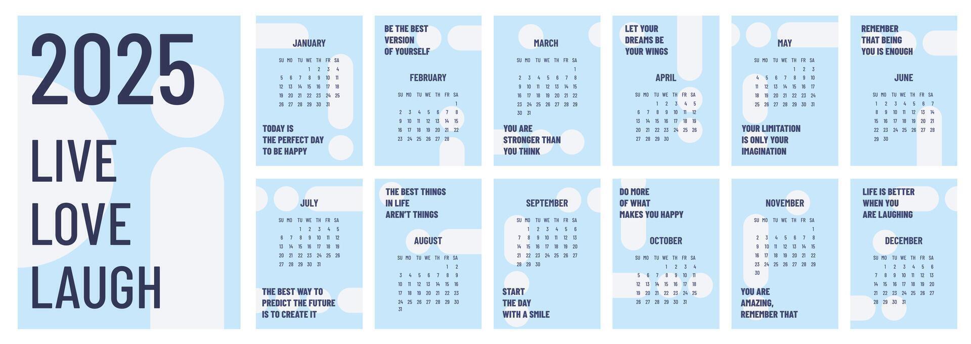 Calendar 2025 template. Monthly calendar 2025 with motivation quotes. Starts Monday. My happy year. Modern calendar for office, organizer, working place, wall, table. Vertical A4 Design Template. vector
