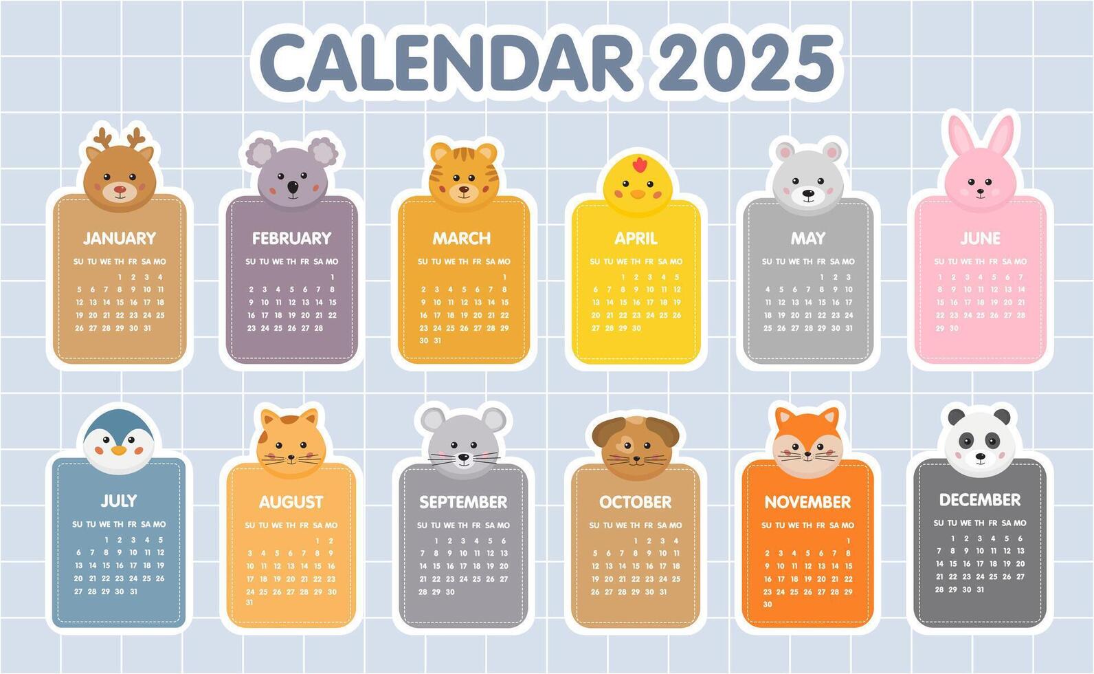 Calendar 2025 template. Monthly calendar 2025 for kids with cute animals,12 Month vertical template. Starts on Sunday. A modern calendar for nursery, kids play zone, organizer, planner. vector