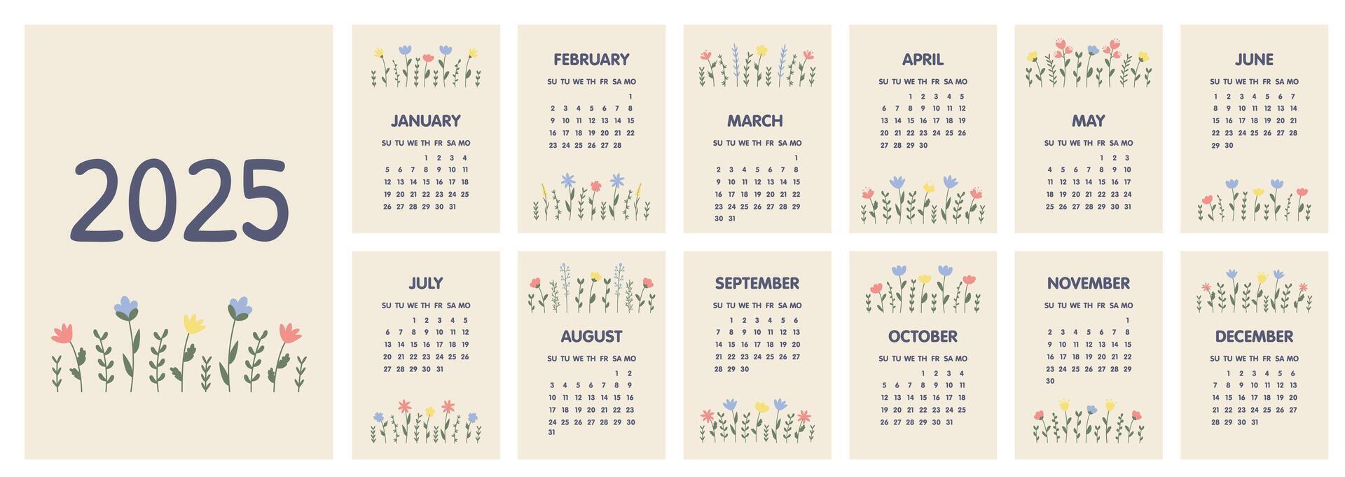 Calendar 2025 template. Monthly calendar 2025 with cute flowers. Set of 12 Month. Starts on Monday. A modern calendar for office, organizer, working place, wall, table. Design Template. vector