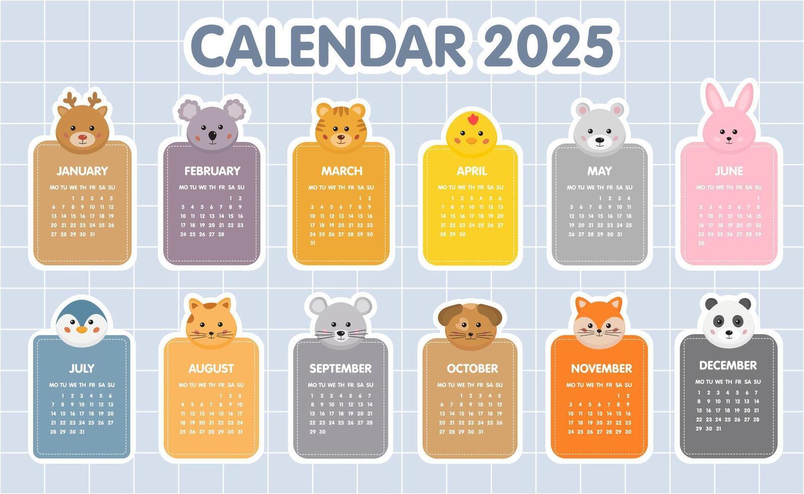 Calendar 2025 template. Monthly calendar 2025 for kids with cute animals,12 Month vertical template. Starts on Monday. A modern calendar for nursery, kids play zone, organizer, planner. vector