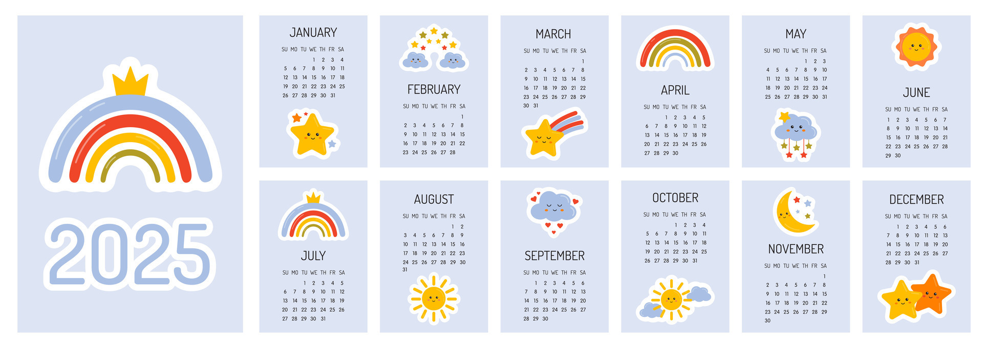 Calendar 2025 template. Monthly calendar 2025 with cute rainbows, stars