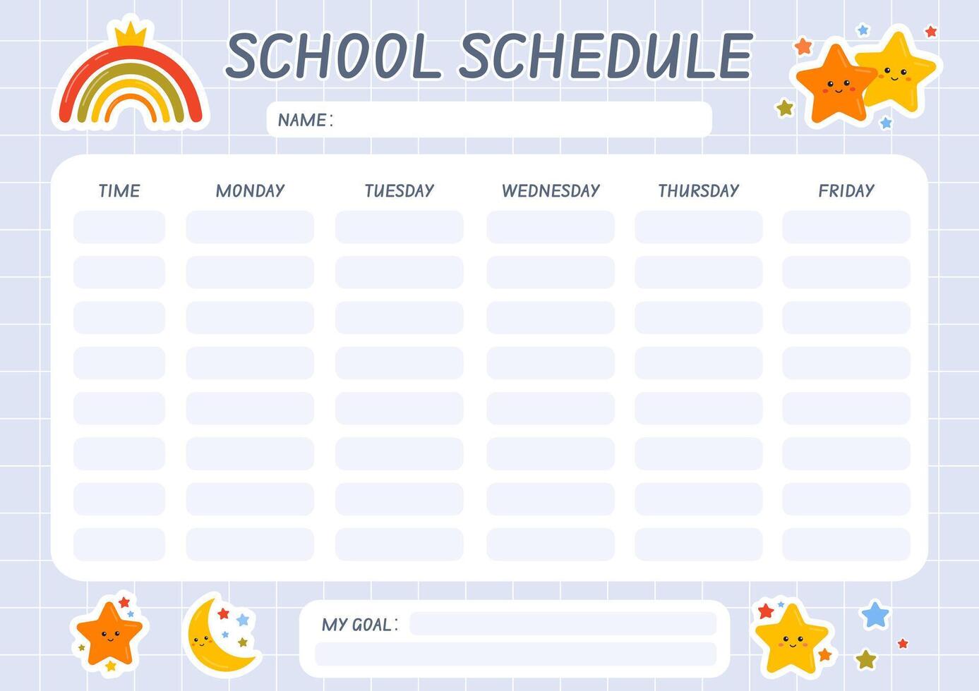 School schedule for kids, weekly planner, printable school timetable for homeschool, preschool, kindergarten. School children routine. Education lessons plan, class planning. Back to school. vector