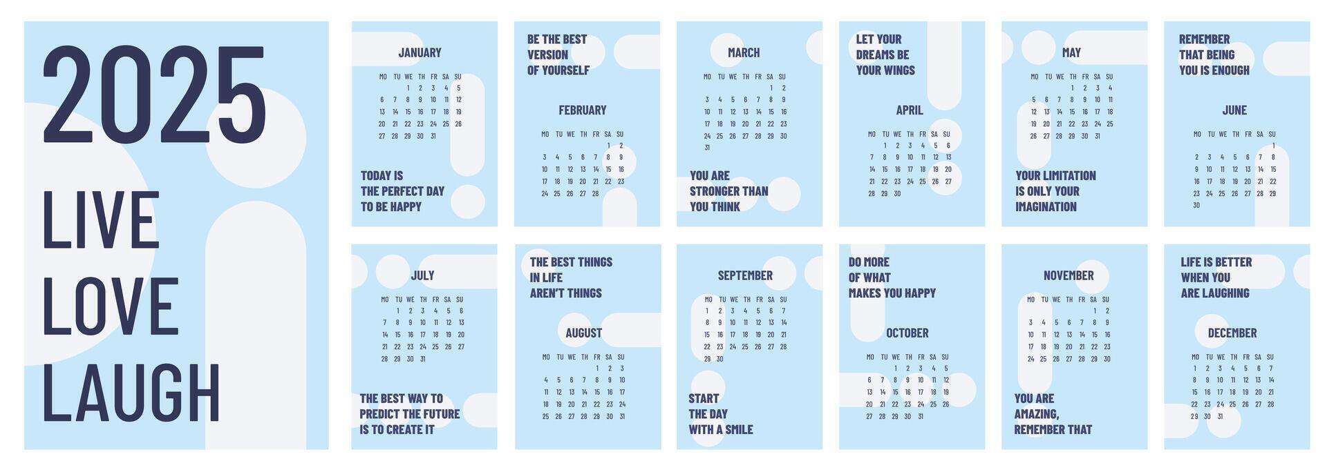 Calendar 2025 template. Monthly calendar 2025 with motivation quotes. Starts Sunday. My happy year. Modern calendar for office, organizer, working place, wall, table. Vertical A4 Design Template. vector