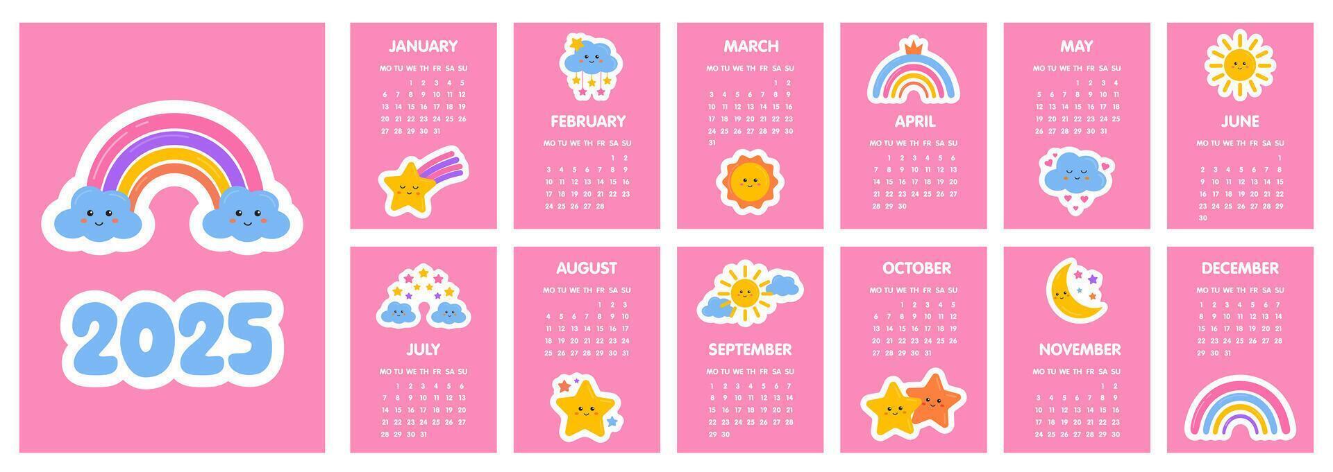 calendario 2025 modelo. mensual calendario 2025 con linda arcoiris