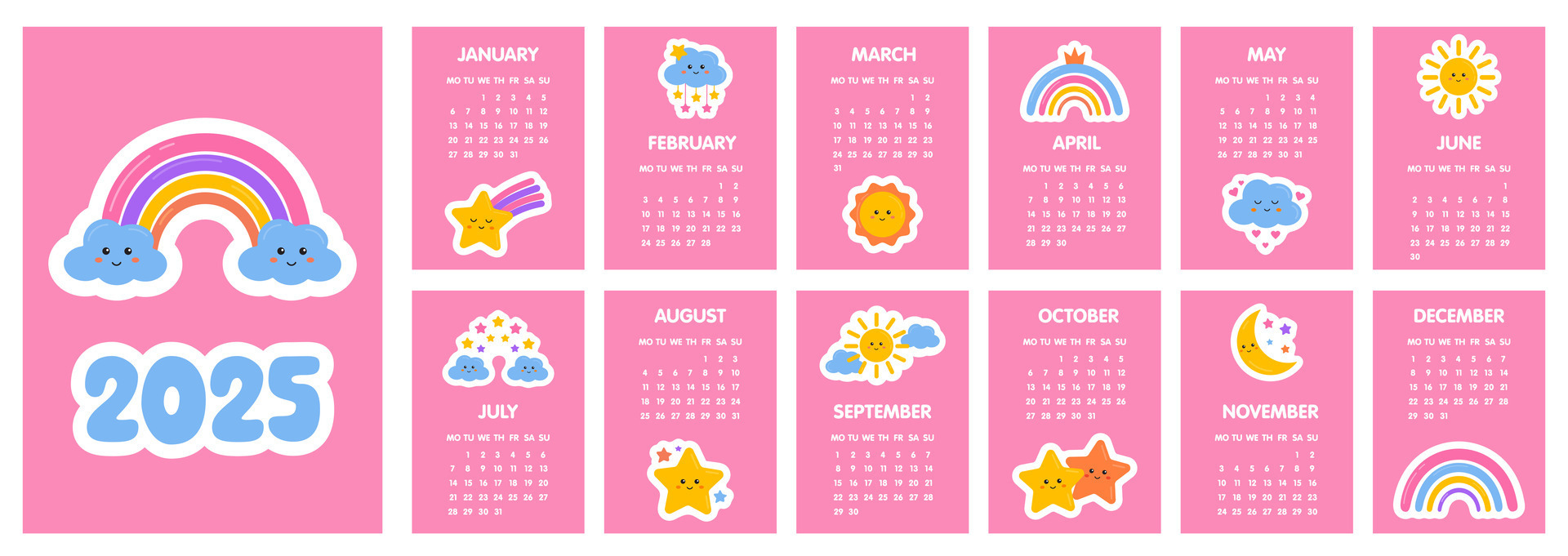 Calendar 2025 template. Monthly calendar 2025 with cute rainbows, stars, moon. 12 Month design