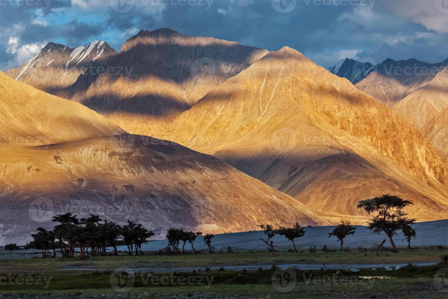 HImalayas on sunset with tree silhouettes. photo