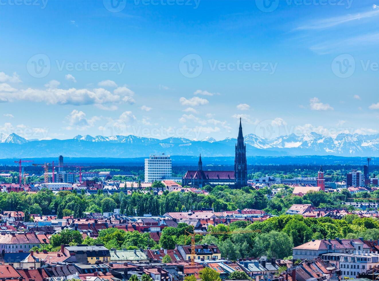 Aerial view of Munich with Bavarian Alps in background photo