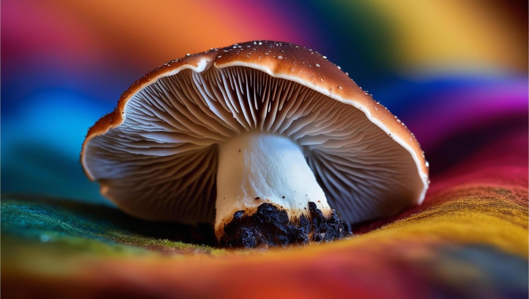 Selective focus of mushrooms with colorful soil behind them like in a magic world. photo