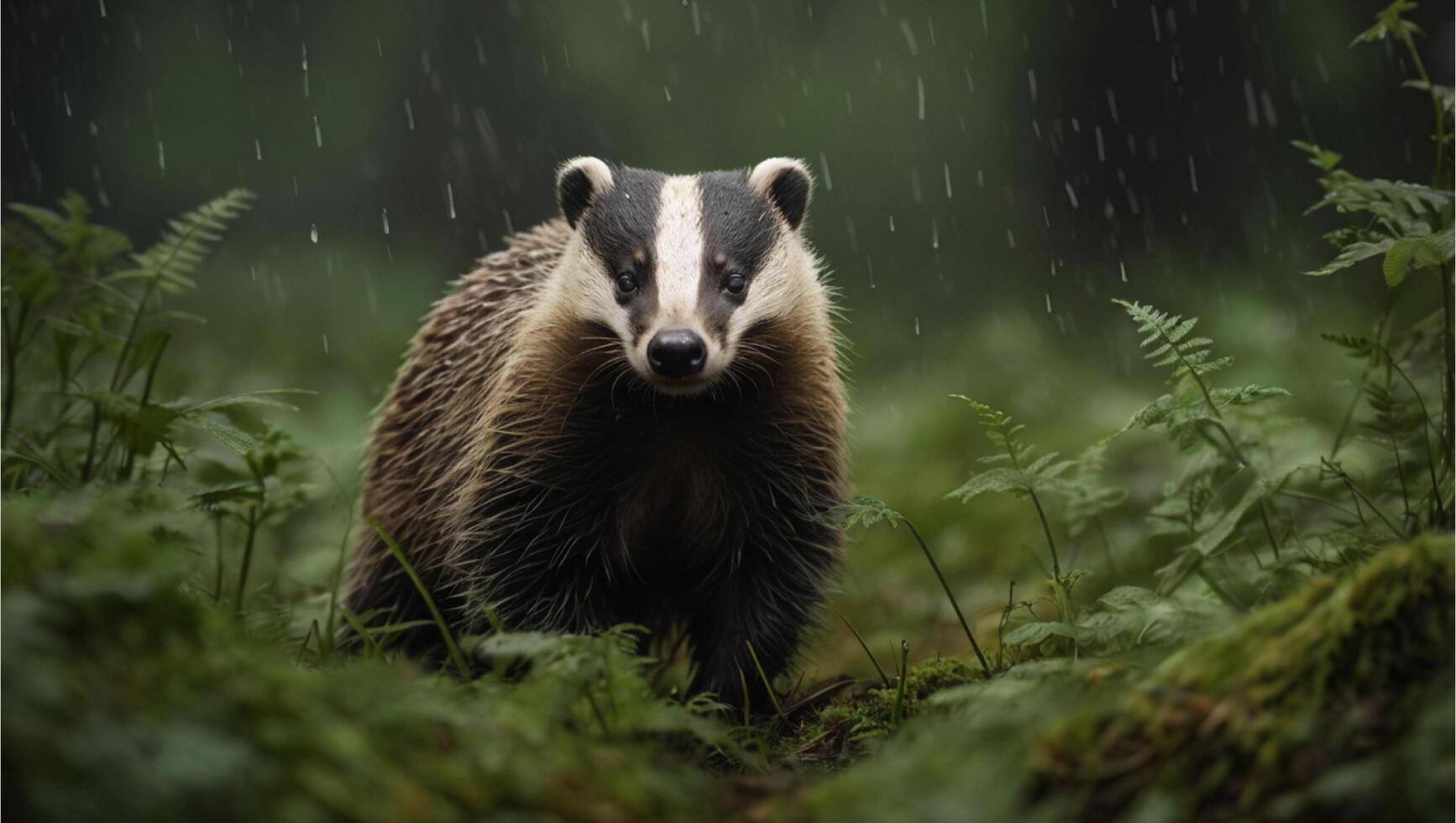 Selective focus of raccoon in rainy forest. photo