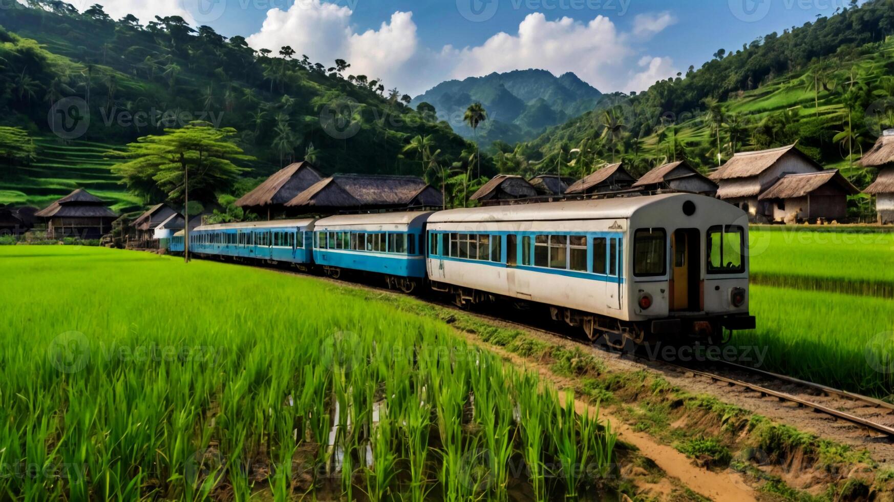 Train passing in a village with rural house and rice paddy field. photo