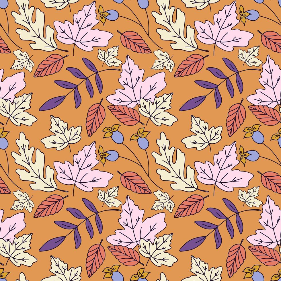 Seamless pattern with various leaves and plants, seasonal flowers. vector