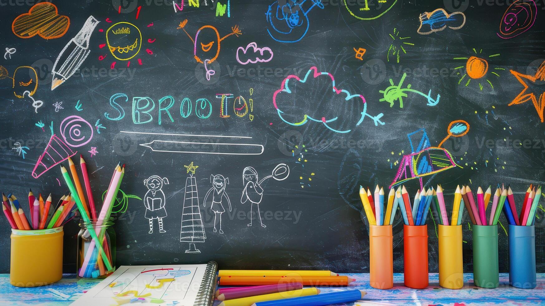 Back to school concept with chalkboard and school supplies in the classroom photo