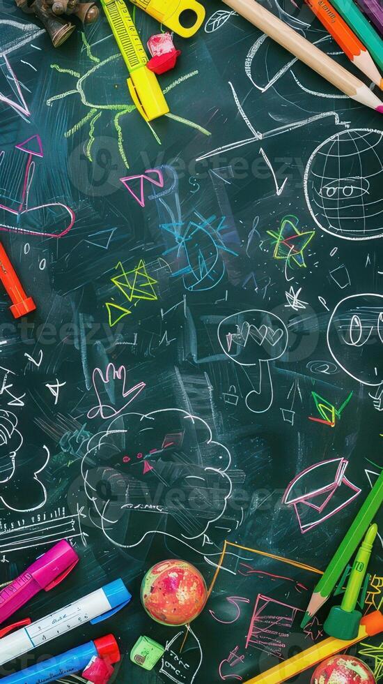 Back to school concept with chalkboard and school supplies in the classroom photo