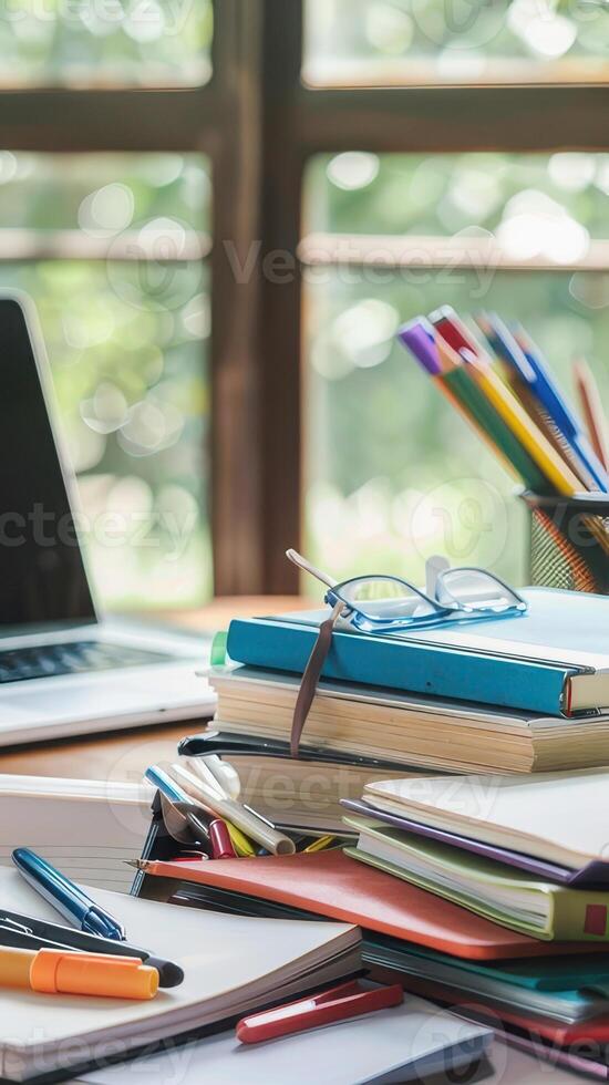 Office desk table with laptop, books, pencils and coffee cup. photo