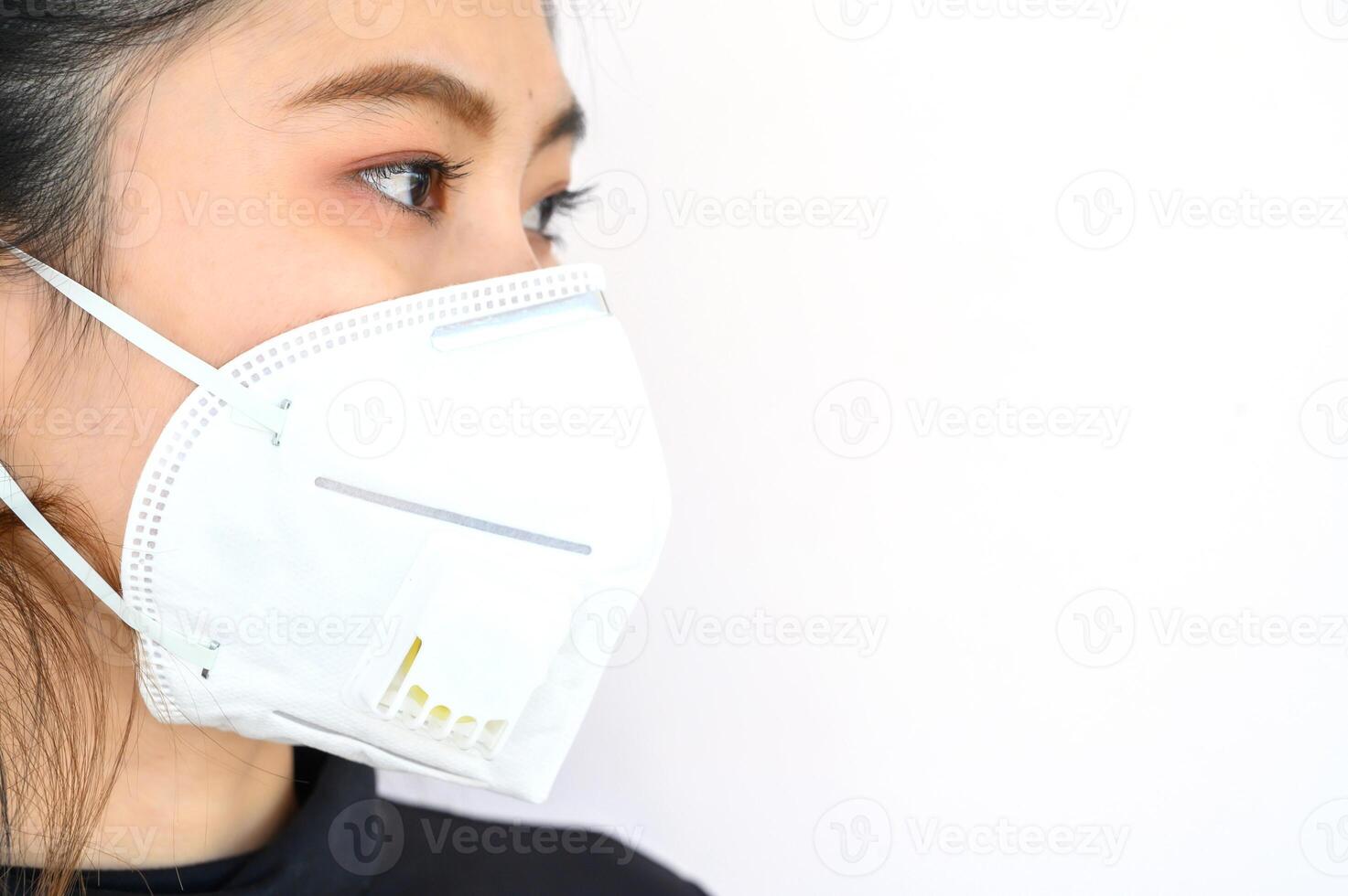 Close up of young Asian woman wearing N95 mask for protect smog PM2.5 bad air pollution. photo
