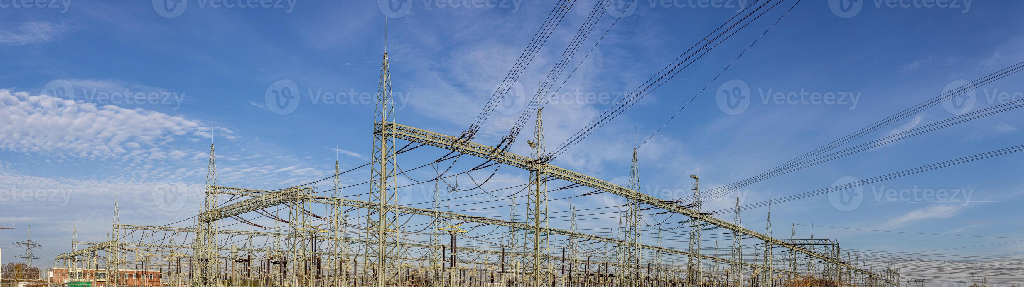 Panoramic view of a transformer station with insulators and cables photo