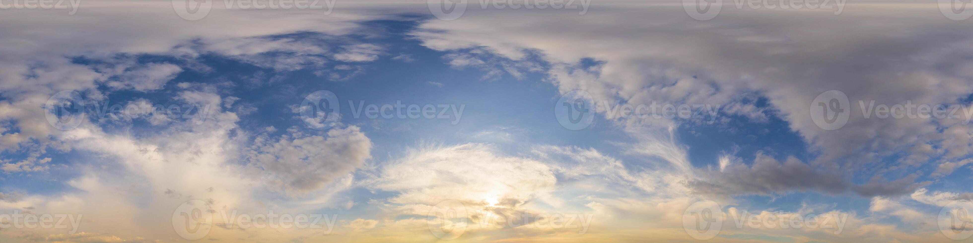 Dark blue sunset sky panorama with golden Cumulus clouds. Seamless hdr 360 panorama in spherical equirectangular format. Full zenith for 3D visualization, sky replacement for aerial drone panoramas. photo