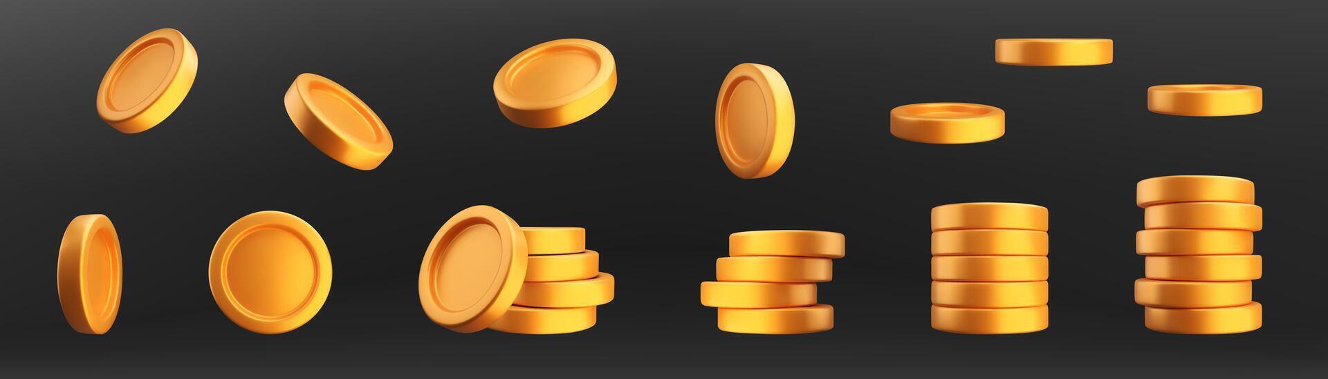 3D realistic golden coins pile. Set of different stacks of gold money and coin in perspective Finance, bank, cash, treasure. investment symbol. Collection isolated on black background vector