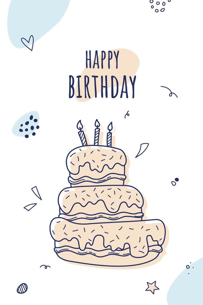 Hand drawn doodle Birthday card. Outline sketch cake and confetti. line art illustration vector