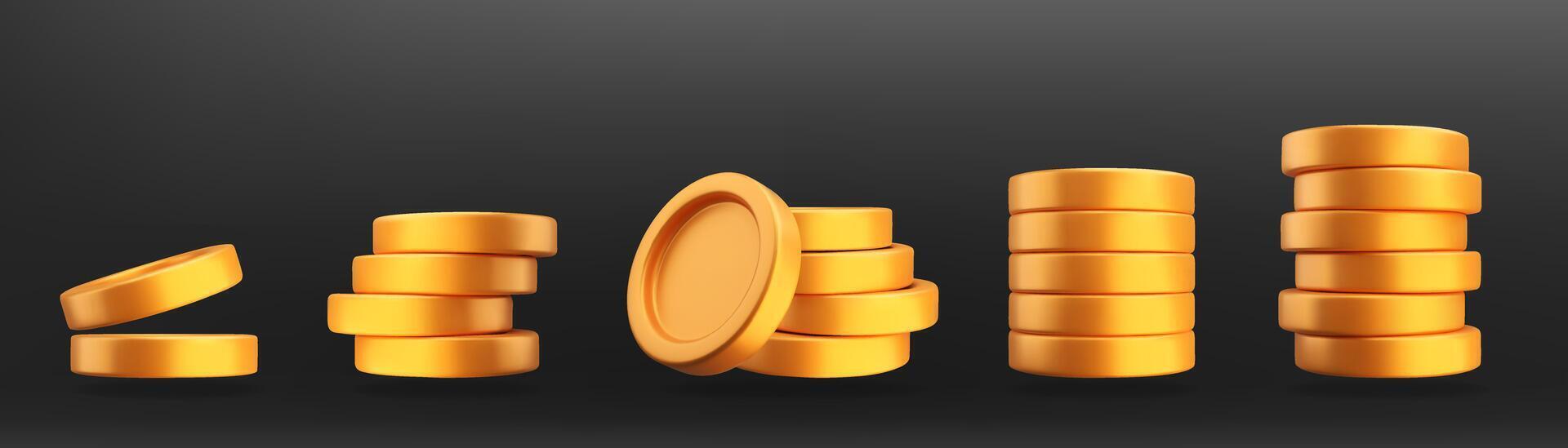3D stacked gold coins set. Realistic metal money collection. Stylized elements isolated on black background. Finance, bank and investment symbol, game assets, payment signs vector