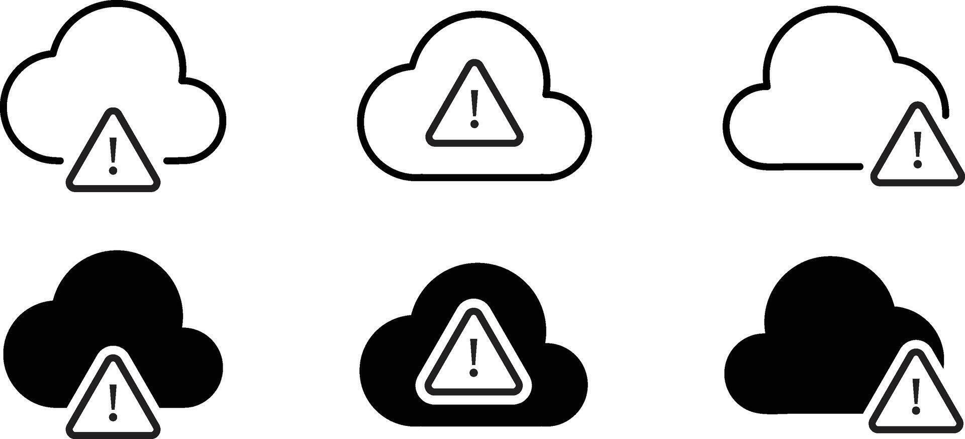 Cloud alert icon, cloud failure icon. Minimal cloud shape with exclamation mark. Disconnect, error or broken communication with database concept. Cloud computing concept. vector