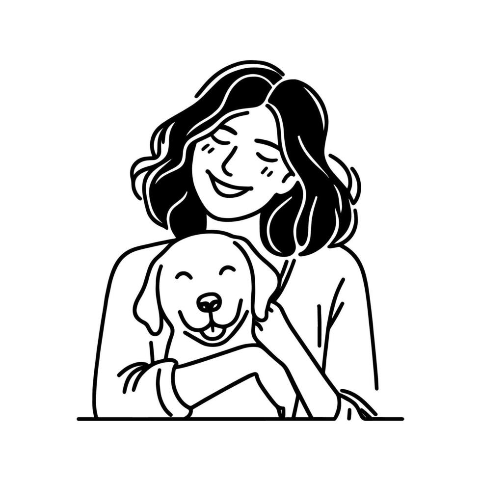 Smiling Young Woman with Her Pet In Simple Black And White Line Art Illustration Style vector