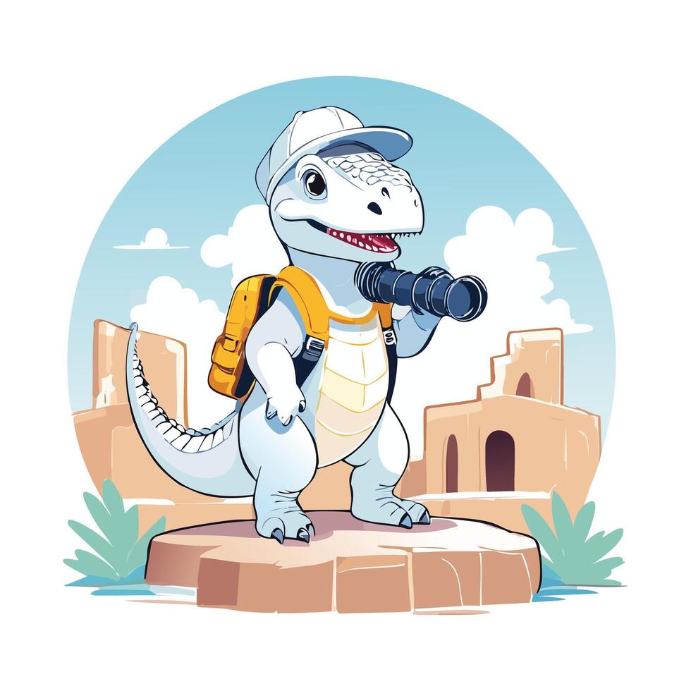 a dinosaur on a hat and backpack with binoculars exploring d jungle and ancient ruins vector