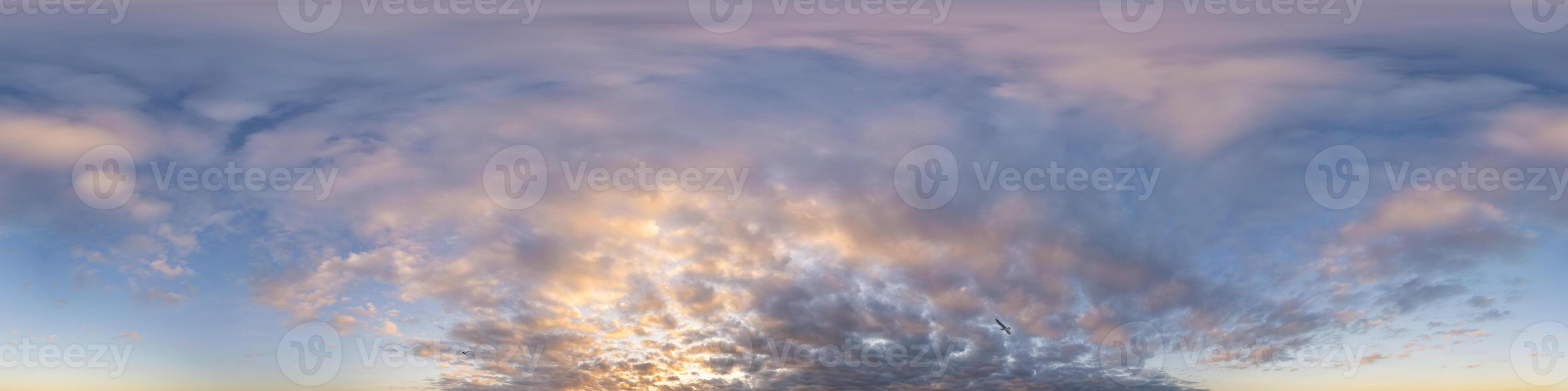 Dark blue sunset sky panorama with pink Cumulus clouds. Seamless hdr 360 panorama in spherical equirectangular format. Full zenith for 3D visualization, sky replacement for aerial drone panoramas. photo