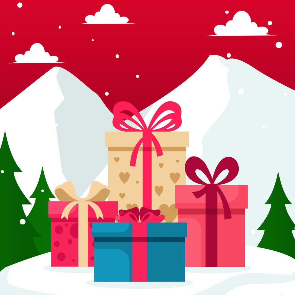 christmas gift boxes with snow and trees vector