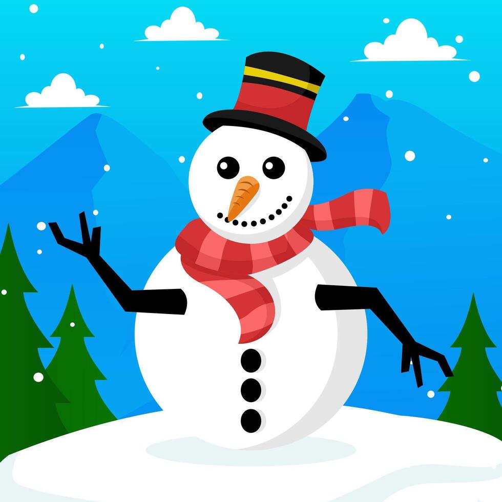 cartoon snowman in hat and scarf with snow and trees vector