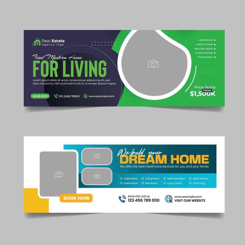 Real estate business cover design, House property sale advertising social media banner, Multipurpose horizontal ads template. vector