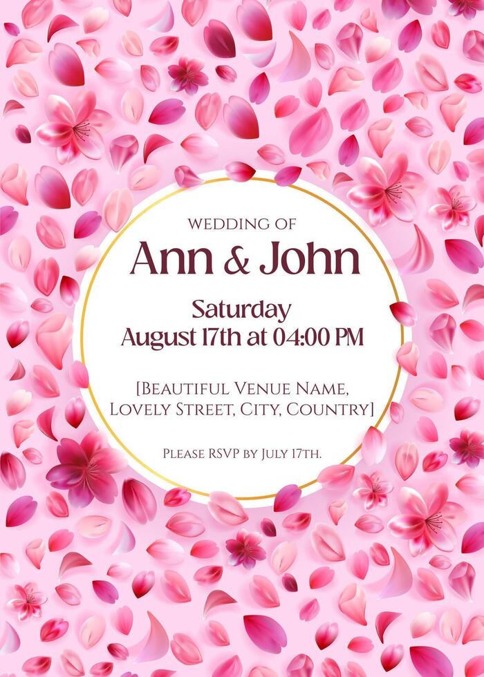 Elegant wedding invitation with pink floral round design, ideal for a charming celebration vector